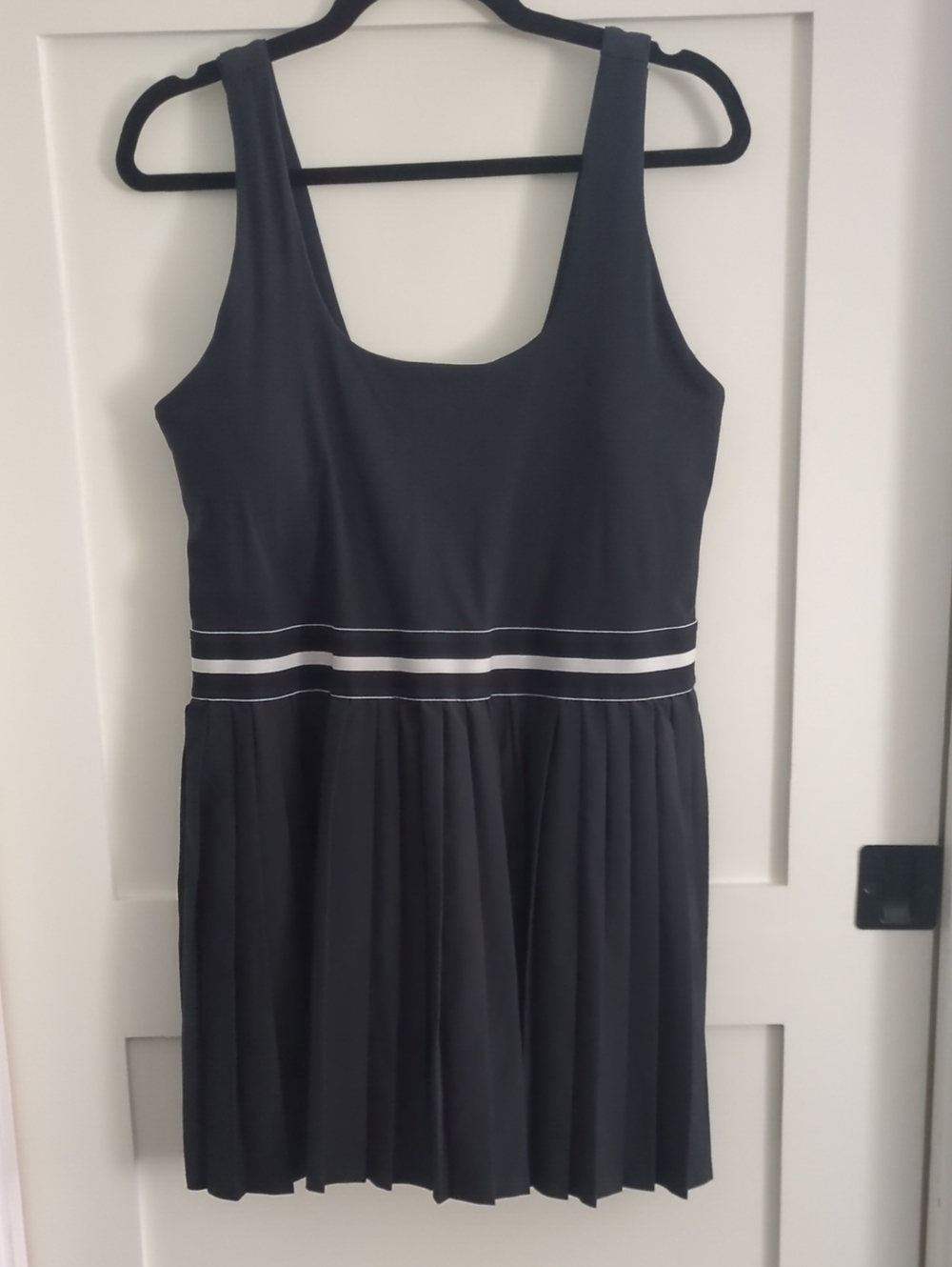 All in Motion Black Tank Dress with White Contrast Waist Stripes